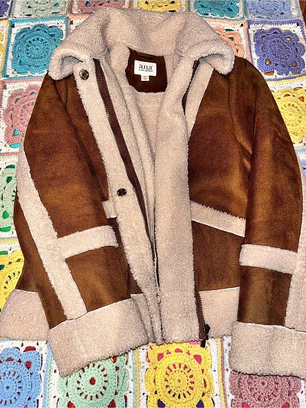 ana Color Block Teddy Jacket in Brown & Cream Size Small Like4
